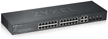 Zyxel Commutateur géré intelligent Gigabit Ethernet 24 ports – Design sans ventilateur avec 4 ports combo Gigabit et mode cloud hybride, prise britannique [GS1920-24v2]