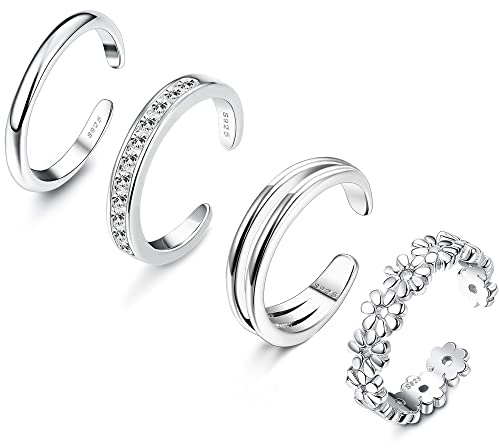 ADRAMATA 4 Pcs 925 Sterling Silver Toe Rings for Women Open Adjustable Band Rings Jewelry Set