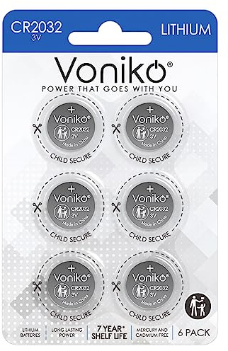 Voniko CR2032 3V Lithium Batteries 6 Pack for Child Safety, Compatible with AirTag, Key Fobs, Thermometers, Scales – 7 Years Shelf Life
