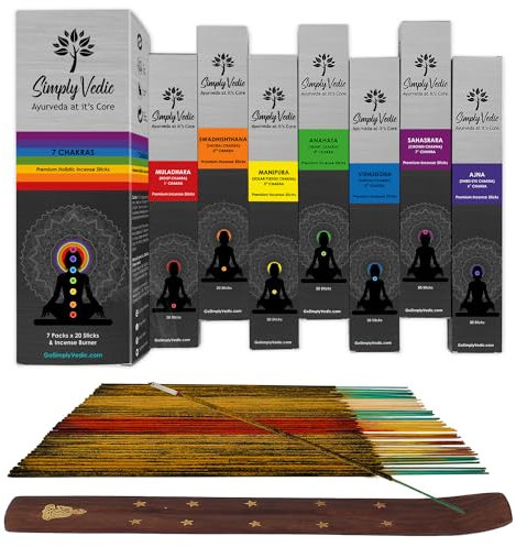 Simply Vedic 7 Chakra Incense Sticks Variety Pack with Holder, Set of 7 (140 Sticks) for Chakra Activation, Healing, Meditation, Yoga, Rituals, Aromatherapy, Energy Cleansing, Natural Handmade Incense