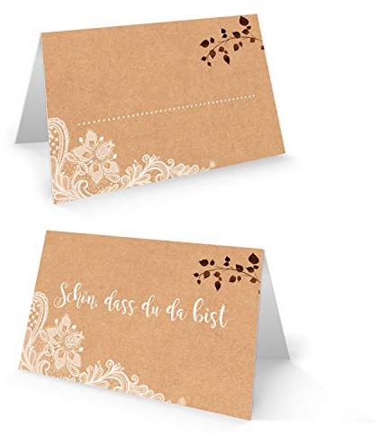 Tischkarten Schön, dass du da bist, 25er Set: Namensschilder für Hochzeit, Geburtstag, Taufe, Konfirmation & Kommunion, Platzkarten zum Beschriften, Namenskärtchen Tisch, Vintage Spitze, 8,5 x 5,5 cm