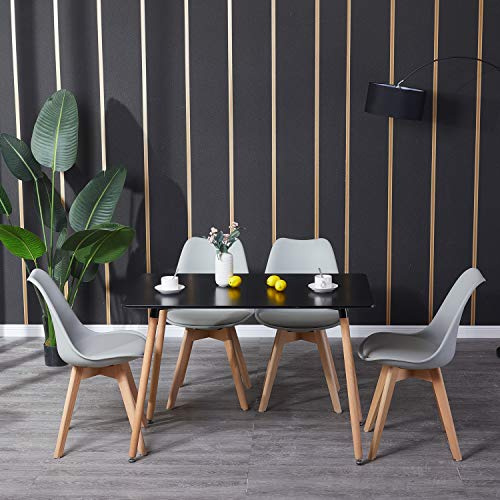 H.J WeDoo Esszimmergruppe mit 4 Essstühlen, Rechteckig Esstisch und Stühle für Esszimmer, Küche, Wohnzimmer, Schwarz Esstisch und Grau Stühle