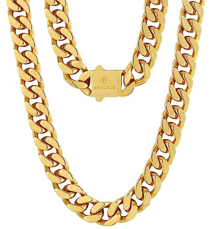 KRKC&CO 12mm Panzerkette, 18K Gold plattiert Cuban Link Chain, Edelstahl Panzerkette Herren Gold Kubanische Gliederkette, Herren Goldketten Hip Hop Kette für Männer Jungen Größe 66cm