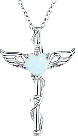 Midir&Etain Kreuz Kette 925 Sterling Silber Engel Flügel Kreuz Anhänger Halskette Opal Herz Halskette Engel Schmuck Kreuz Geschenke für Frauen