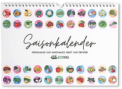 EcoYou EcoYou Saisonkalender für Obst und Gemüse, DIN A4, farbenfrohes Design illustriert, ewiger Wandkalender, Küchenkalender zum Aufhängen, hergestellt in Deutschland