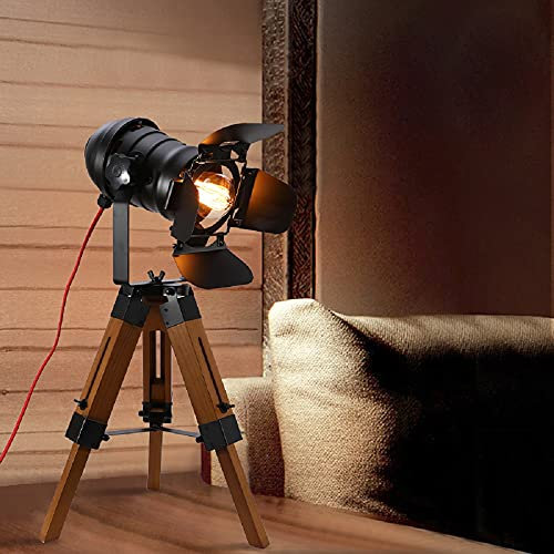 Industrial Vintage Tripod Camera Table Lamps for Living Room Bedroom, Searchlight Standing Reading Lamp, Metal Wood Nautical Spotlight Lights for Studio, Study Room and Office (Style 2)
