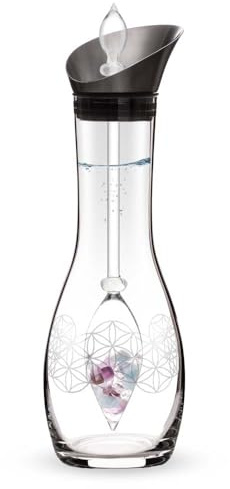 VitaJuwel FLOWER OF LIFE | Edelsteinwasserset mit Amethyst, Aquamarin, Bergkristall & Blume des Lebens Gravur (Karaffe & Edelsteinphiole)