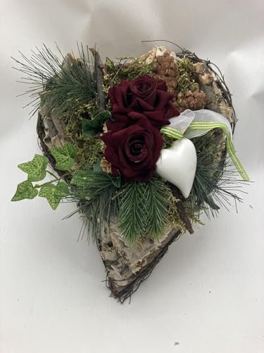 Grabgesteck - liebevoll gestalteter Grabschmuck als Grabaufleger - stilvolles Arrangement - Herz mit roter Rose und Dekoherz (Art.129)