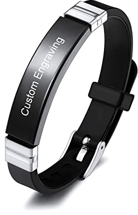INBLUE Personalisiertes Namensschild-Armband Individueller Name/Datum/Zitat Gravur Edelstahl Sport ID-Tag Verstellbares Silikon-Armband für Männer und Frauen (Schwarzer Riemen & Schwarzes Etikett 1)