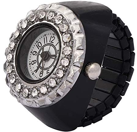 Cyrank Reloj de Anillo, Reloj de Dedo con Diamantes de imitación, Anillo de Reloj de Dedo para Mujeres y Hombres(Negro)