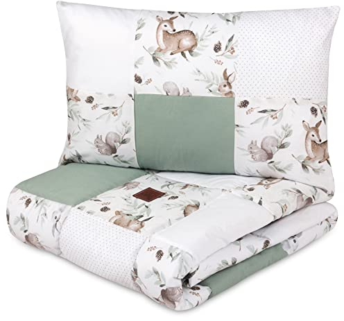 Pepi - Patchwork Baby Bettdecke und Kissen - Baby Decke und Kissen Set - Kinderbettdecke - Bettdecke 100x140 - Kissenbezug 40x60 cm - Baby Bettwäsche - Babybett Set - Baumwolle (Green Groove)