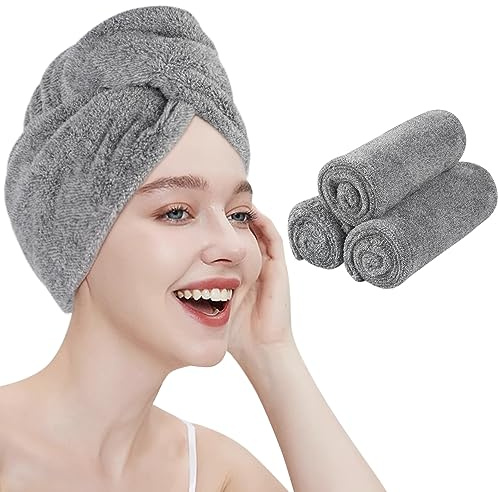 KinHwa Mikrofiber hår Anti-Frizz Handduk Snabbtorkande Hår Wrap 350 Gsm Bambu Supermjuk Absorberande Grå 3-Pack