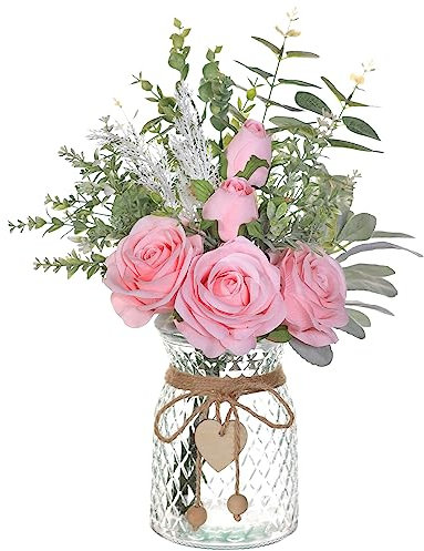 Konstgjorda blommor med vas, konstgjorda sidenrosor i vas, konstväxt med eukalyptusarrangemang för hem, kontor, lanthus, badrum, matbord, bordsuppsats och soffbordsdekor, rosa
