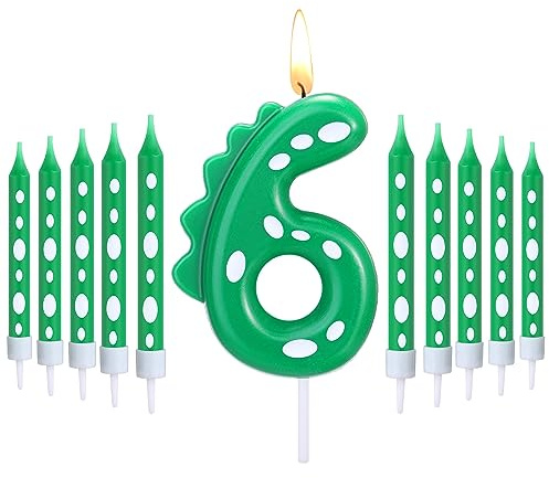Herdear Grüne Dinosaurier Geburtstag Kerzen für Party 1 Stück Dino Zahlenkerze und 10 Lange Dünne Kerzen zum Geburtstag Grüne Dino Geburtstagskerzen für Dino Thema Kuchendeko Party Deko (Zahlen 6)