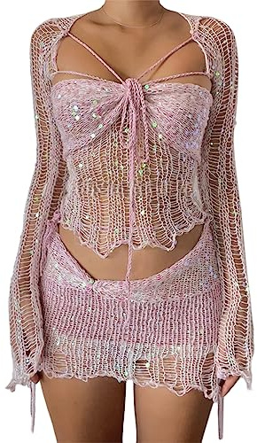 ORANDESIGNE Maillot de Bain Femmes Été Crochet Bikini Plage Deux Pièces Ensemble Sexy Crop Tops de Soutien-Gorge + Glands Mini Jupes Ensemble de Plage B Rose M