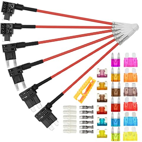 Aiqeer 6 Stück 12V / 24V Add-a-Circuit Sicherung Taps Set, Auto Piggyback Sicherungshalter mit Kabelbaum, Gratis 18 Stück Flachsicherungen und Sicherungszieher (Butt Terminal)