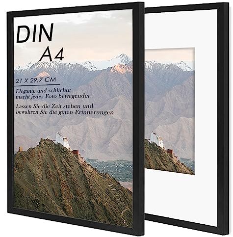 RUN HELIX Bilderrahmen A4-21x29,7cm 2er Set, Massivholz Bilderrahmen Din A4, Bilderrahmen A4 mit Holz Wandhalterung, Rahmen Din A4 Wertvolle Erinnerungen Bewahren! (Schwarz)