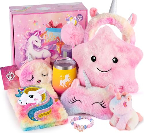 vamei Einhorn Geschenke für Mädchen 4 5 6 7 8 Jahren Leuchtende Plüsch Kissen Einhorn Notizbuch mit Schloss Thermobecher Augenmaske Stirnband Armband Einhorn Geburtstag Geschenk Mädchen