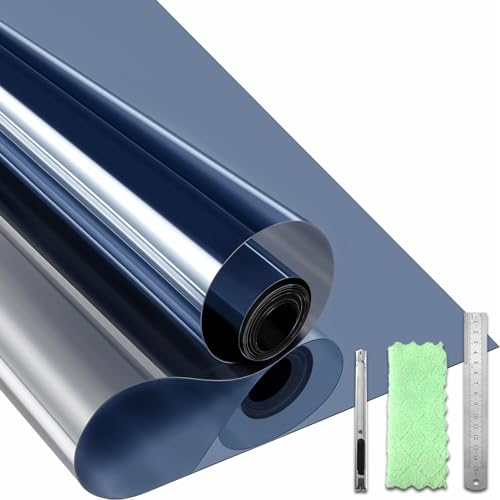 Qualsen Spiegelfolie Fensterfolie Blickdicht von Aussen, Sichtschutzfolie Fenster Reflektierende Spiegelfolie Fenster Sichtschutz Anti-UV Statische Adsorption (Blau-Silber, 90x200cm)