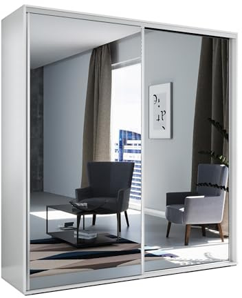 BM-Möbel Großer Schlafzimmerschrank mit Zwei Schiebetüren, Spiegel, Kleiderstange und Regalen - Schwebetürenschrank für Garderobe, Schlafzimmer - Weiß - 200 x 62 x 215 cm (B/T/H)
