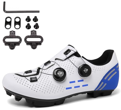 SDEQA Herren Damen MTB Schuhe, Mountainbike Schuhe kompatibel mit SPD 2 Schrauben mit Cleats Fahrradschuhe Atmungsaktive Entsperren Schuhe Draussen Radsportschuhe,White b,42 EU