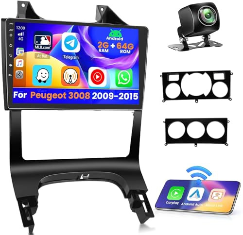 Inefala 2+64G Android 15 CarPlay Radio para Peugeot 3008 2009-2015, Pantalla Táctil de 9 Pulgadas con Inalámbrico CarPlay y Android Auto, Soporte Navegación GPS Mirror Link Bluetooth RDS AHD Wi-Fi DSP