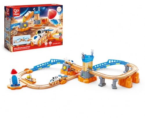 Hape Set di treni - Missione spaziale su Marte, set ferroviario in legno, per bambini dai 3 anni in su