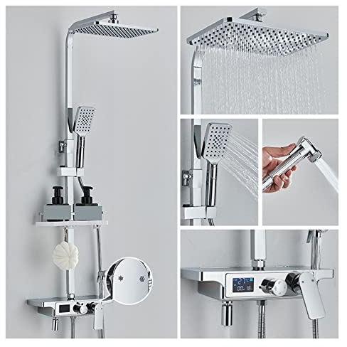 Schwarz Digital Display Dusche Armaturen 4-Wege Thermostat Dusche Mixer Mit Bidet Wasserhahn Lagerung Rack Showe Mixer for Badezimmer(Chrome Hot Cold)