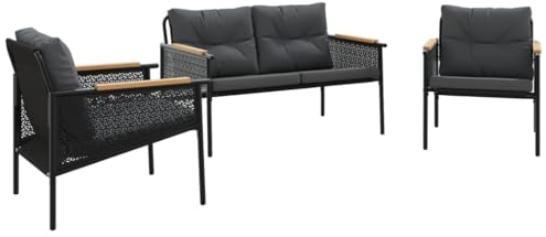vidaXL 3-tlg. Balkonmöbel-Set mit Kissen Schwarz Stahl, Möbel Balkon, Gartenbank und Sessel, Garten Lounge Set, Gartenmöbel Set, Gartensessel und Bank