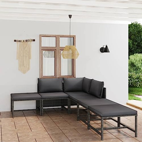 KATERYY 6-TLG. Garten-Lounge-Set mit Kissen Poly Rattan Grau,Bequemes Loungeset aus PolyRattan für entspannte Stunden im Garten