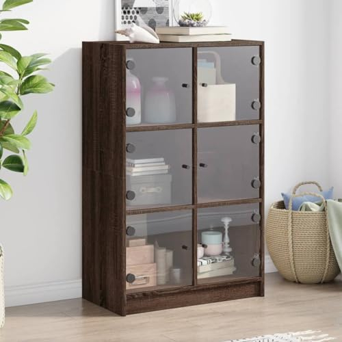 TJROO Vitrine mit Türen, 68 x 37 x 109 cm, Sideboard, Anrichte, Möbelstück für Wohnzimmer, hohe Möbel, Eingang, Holz, mehrschichtige Eiche, Braun