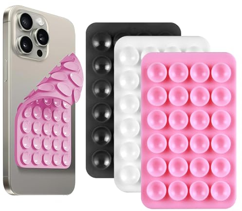 3Pcs Silicone Suction Cup Phone Holder Double Sided 24 Suction Holder Back of Phone Multifunctional Sticky, Anti-Slip Hands-Free, for Shower Mirror Glass Wall Car Selfies Videos(Black White Pink)
