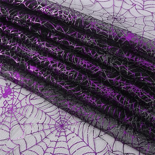 Halloween Schwarzer Spinnennetz Stoff, 150 x 180 cm Spinnennetz Netzstoff, Halloween Tüllstoff, Schwarze Netzstoff, Dekostoff Tüll für Dekorationen Party DIY (Lila)