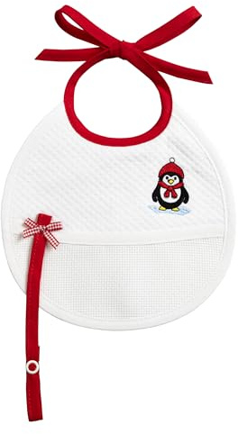 Filet - Weihnachtslätzchen für Babys zum Besticken mit Schnullerkette und Stickerei eines Pinguins mit rotem Schal und Hut, Schleifenverschluss, Made in Italy