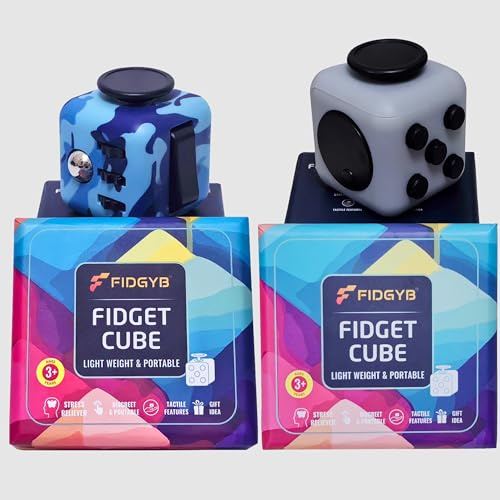 FIDGYB 2er-Set Fidget Cube – Glattes, geräuscharmes Sensorik Spielzeug für Fokus & Stressabbau [Hellgrau + Tarnmuster]
