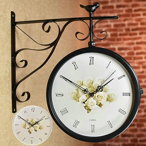 Orologi industriali su entrambi i lati, orologio da parete da giardino, stile vintage, con staffa per stazione ferroviaria per rotazione a 360°, orologio da appendere in ferro battuto