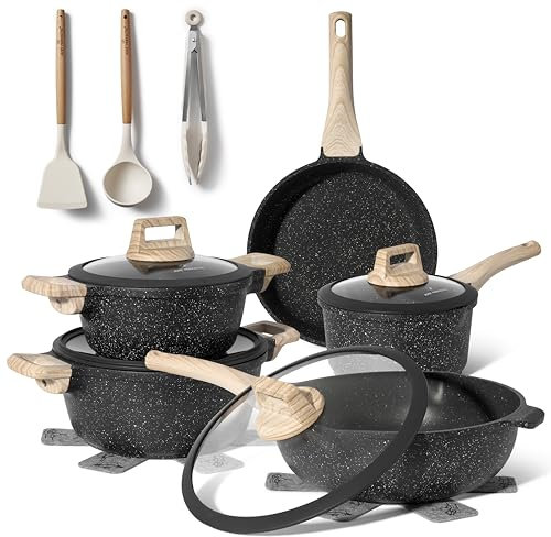 JUST PERFECTO Batteria Pentole e Padelle a Induzione, Set Padelle Antiaderenti Per tutti i piani cottura Batteria di pentole antiaderente 28cm con Coperchi, pentole senza pfoa e ptfe (Black)