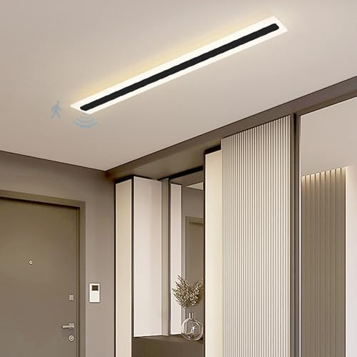 Plafon LED Techo Interior con Sensor de Movimiento Lámpara de Techo 3 Modos de Color 2700K/4500K/6500K Lámpara Techo Moderno Larga Acrílico para Pasillos Escaleras Garaje (Negro-Luz Neutra,60cm)