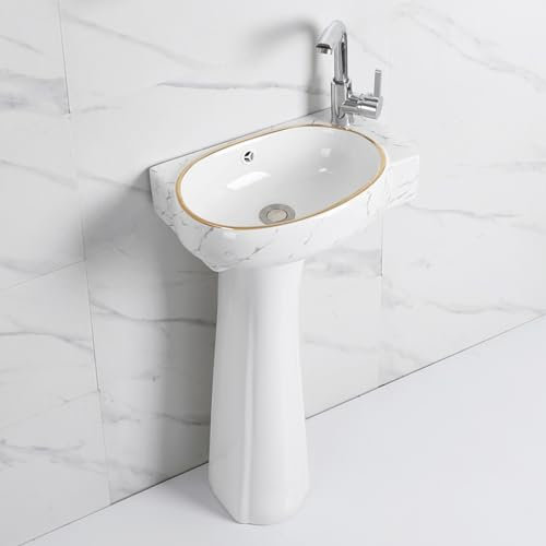 Fregadero de pedestal de cerámica blanca con rebosadero, mini lavabo de pie para apartamentos pequeños, perfecto para espacios compactos