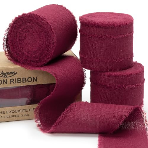 Keypan Burgunder Baumwollband Schleifenband & Geschenkband 3,8cm x 13,7m | Breit Bänder mit Fransen für Geschenkband Hochzeit Weihnachtsdeko, Tischdeko, Dekoband