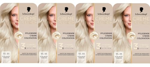Schwarzkopf Creme Supreme Coloration 11-11 Ultra-Helles Titanblond (4x182 ml), dauerhafte Haarfarbe mit Serum und Haar-Maske schützt vor sichtbaren Haarschäden, für 100% Grauabdeckung