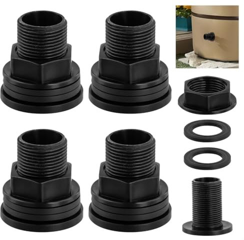 Paquete de 4 accesorios de mamparo de PVC para barriles de lluvia, conectores de doble rosca macho de 3/4 y 1/2 hembra con sellos de silicona gruesos para tanques de agua, piscinas y acuarios