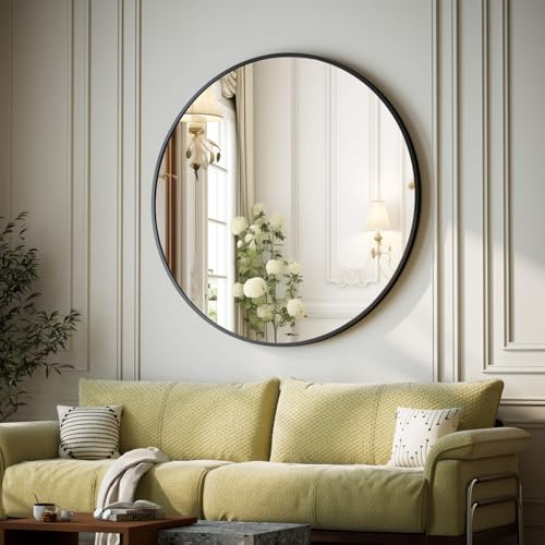 ZenoMirris Spiegel Rund Schwarz 122cm, runder Wandspiegel mit Aluminiumrahmen, Einfache Montage, Modern Spiegel zum Aufhängen und Anlehnen für Badezimmer, Wohnzimmer, Schlafzimmer