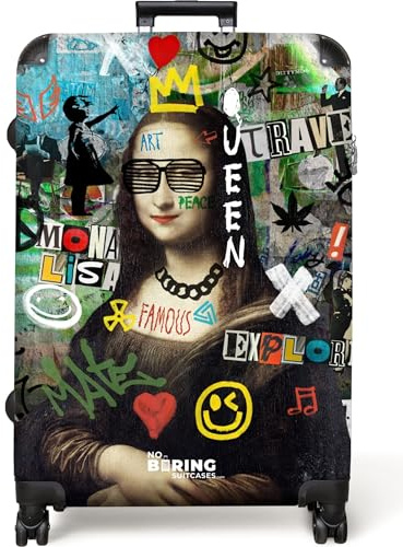 NoBoringSuitcases© Koffer Groß Reisekoffer 4 Rollen Leicht Kindertrolley | 77x51.5x28 cm - XXL Reise Hartschalenkoffer Suitcase Large Street Art - Mona Lisa