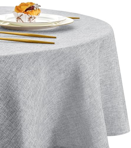 DWCN Hellgrau Tischdecke Rund 160cm Leinenoptik Abwaschbar Wetterfest | Dauerhaft Kratzfest Knitterfrei Outdoor Tischtuch für Esszimmer, Garten, Party, Hochzeiten, Haushalt Wohnzimmer, Balkon