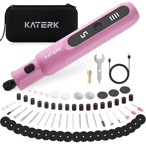 Katerk Kit de Herramientas de Amoladora, 5 Velocidades Herramienta Rotativa, 5000-20000RPM, Batería 2500mAh, 3.7V Mini Amoladora Eléctrica con 70 Accesorios para Grabar,Taladrar,Cortar, Esmerilar-Rosa