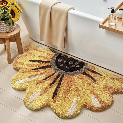 DEXI Badezimmerteppich 51 x 91 cm, Badematte rutschfest Absorbierende mit Sonnenblumenmuster, Blumenförmiger waschbarer Badteppich für Duschboden, Schlafzimmer, Kinderzimmer, Gelb
