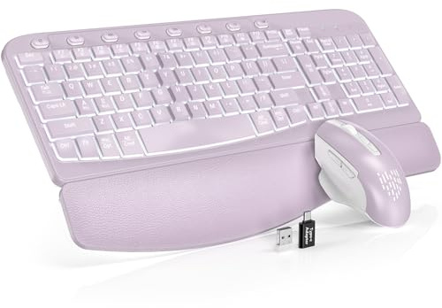 SABLUTE Ergonomic Wireless Keyboard and Mouse Combo - Wave Keyboard with Soft Leather Wrist Rest, Resistant Keys, RGB Backlit Rechargeable Set for PC/Mac/Chromebook (Lavender Purple)