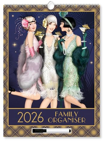 Claire Coxon Calendrier mural 2026 Art déco familial | Grand planificateur mensuel à 4 colonnes avec notes faciles à nettoyer, stylo et boucle de suspension