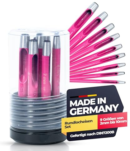Paffrath® Locheisensatz Pink Edition (9-tlg.) - Hochwertiges Rundlocheisen zum Ausstanzen von Leder, Gummi und mehr - Präzises Stanzen von 2-10mm in 1mm-Schritten - Ideal für Handwerker - Lochstanzer